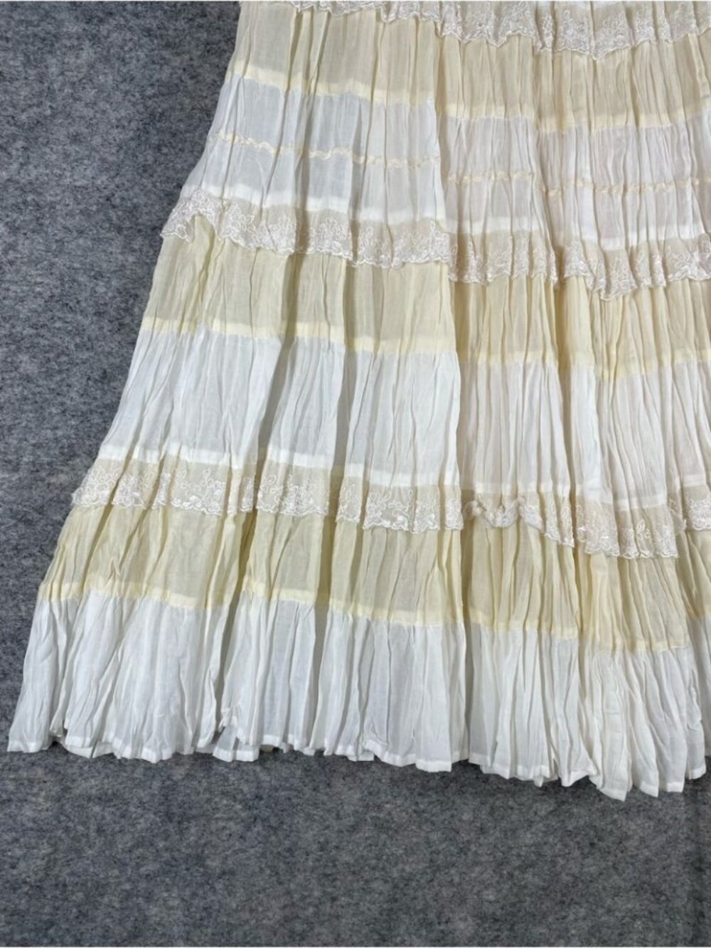 Boho Tiered Crinkle Maxi Skirt Cream White Prairie Cottagecore Festival Chic - Picture 6 of 16